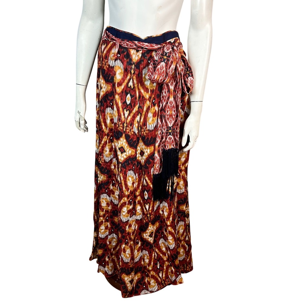 Tory Burch Maxi Skirt Size 6 Wrap‎ belted Ikat Tassel Brown Boho Unique Silk